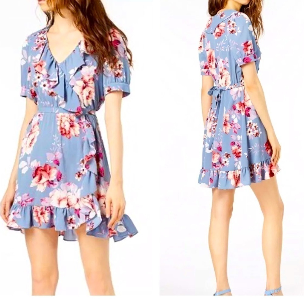 JILL Stuart Faux Wrap Dress Ruffle Floral Flowers Blue Short Sleeve V-Neck Large